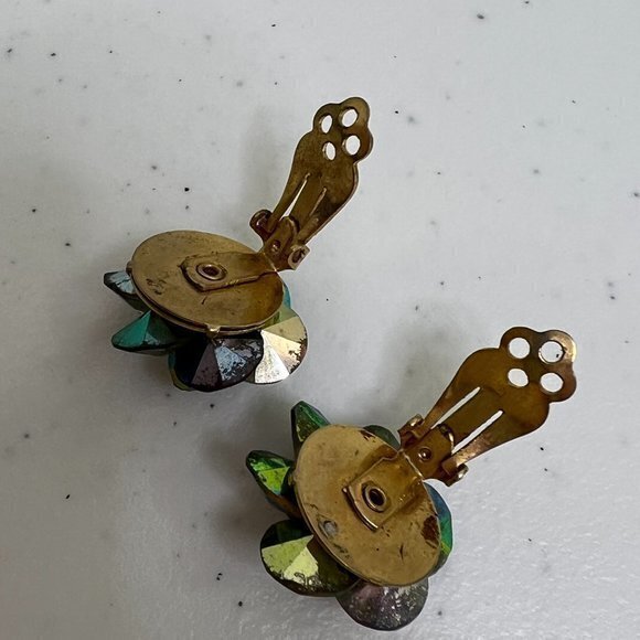 Vintage Rivoli‎ Earrings Clip On Rainbow AB Beaded Swirl Gold Tone - Picture 7 of 9